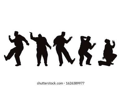 Vector silhouette of obese middle age men on white background. Symbol of person in different pose.