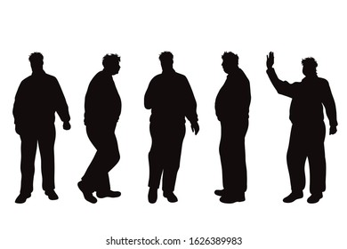 Vector Silhouette Of Obese Middle Age Men On White Background. Symbol Of Person In Different Pose.