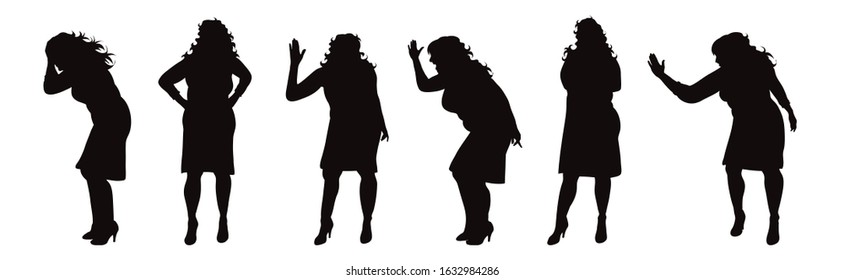 Vector silhouette of obese middle age women on white background. Symbol of lady in different pose.