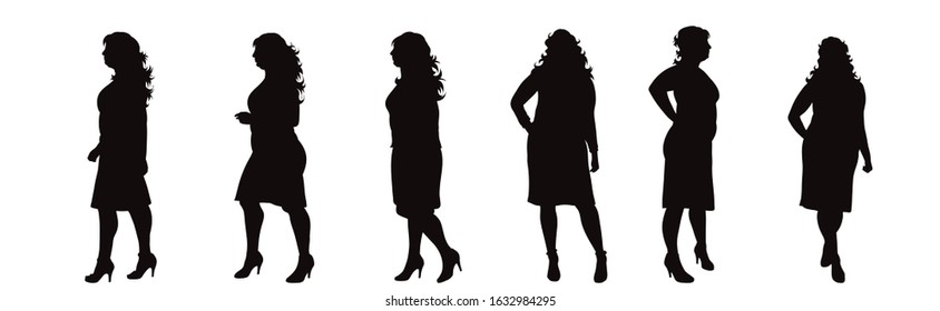 Vector silhouette of obese middle age women on white background. Symbol of lady in different pose.