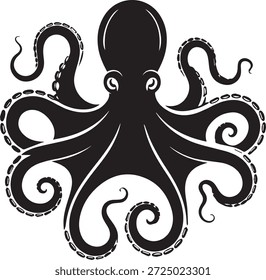 Silueta de Vector de un pulpo en negro. Simple criatura marina aislada sobre fondo blanco. Perfecto para el océano, la vida marina, acuática, la vida silvestre, la educación y los proyectos de diseño.