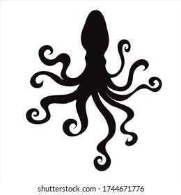 Vector silhouette of octopus on white background. Symbol of ocean animal.