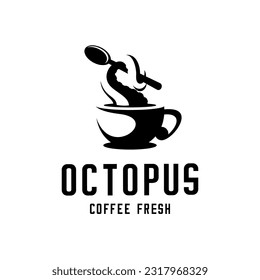 vector silhouette of an octopus tentacle over a coffee cup holding a spoon