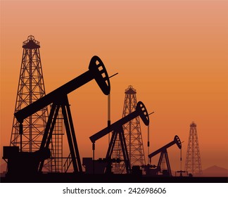 Vector. Silhouette of oil pumps and rigs on sunset background