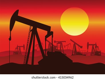 Vector silhouette of oil rigs at sunset background.