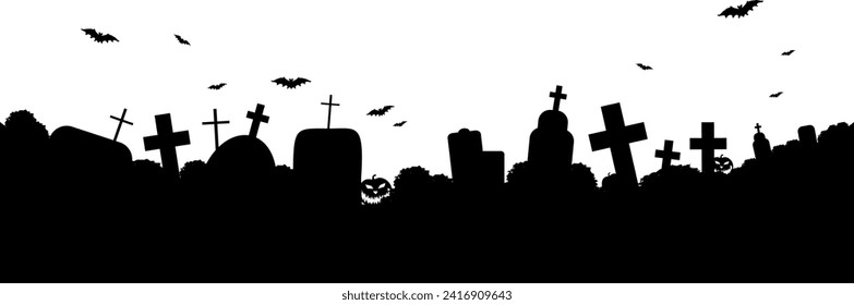 Vector silhouette - Old cemetery with gravestones and crosses - fear and dread for Halloween - tradition