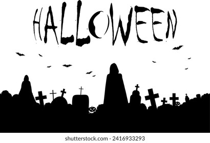 Vector silhouette - Old cemetery with gravestones and crosses - fear and dread for Halloween - font - text