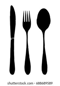 Vector silhouette of old fork with spoon and knife. Isolated illustration
