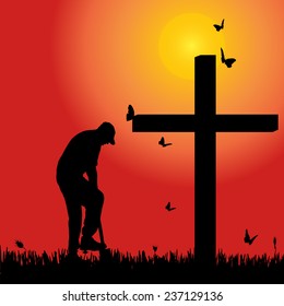 Vector silhouette of old man at the cross at sunset.