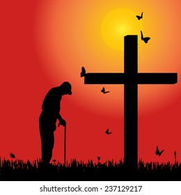 Vector silhouette of old man at the cross at sunset.