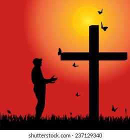 Vector silhouette of old man at the cross at sunset.