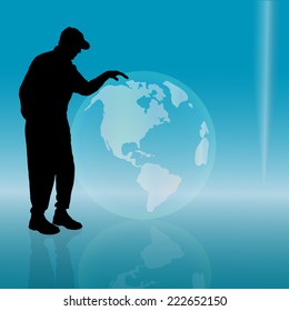 Vector silhouette of an old man with a globe.
