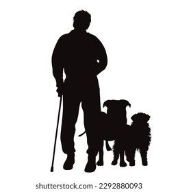 Silueta vectorial de un anciano con sus perros de fondo blanco.