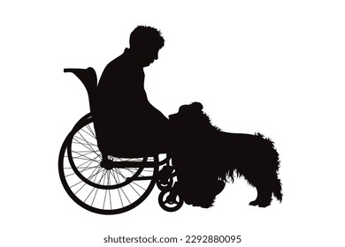 Silueta vectorial de un anciano con su perro de fondo blanco.