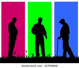 Vector silhouette of a old man on a colored background.