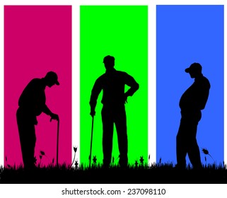Vector silhouette of a old man on a colored background.