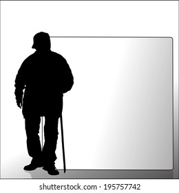 Vector silhouette of a old man with a sign for text.