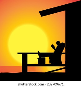 Vector silhouette of a old man sitting on the terrace.
