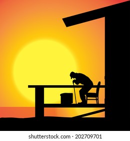 Vector silhouette of a old man sitting on the terrace.