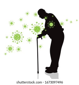 Vector silhouette of old man with stick who is spreading bacteria on white background. Symbol of disease and coronavirus.