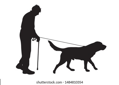 Vector silhouette of old man who walk with his dog with leash on white background. Symbol of animal, pet, friends,senior,walk.