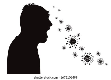 Vektorillustration Silhouette des alten Mannes, der Bakterien auf weißem Hintergrund verbreitet. Symbol der Krankheit und des Coronavirus.