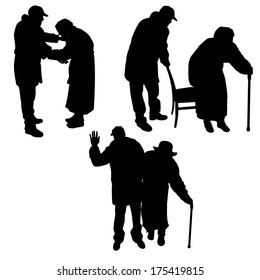 Vector Silhouette Of Old People On A White Background.