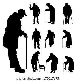 Vector Silhouette Of Old People On A White Background. 