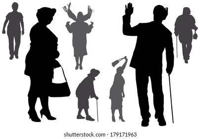 Vector silhouette of old people on a white background. 