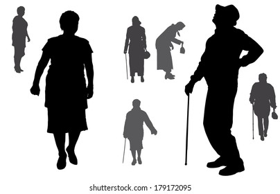Vector silhouette of old people on a white background. 