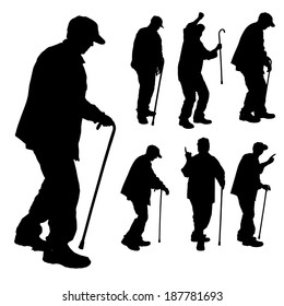 Vector Silhouette Of Old People On A White Background. 