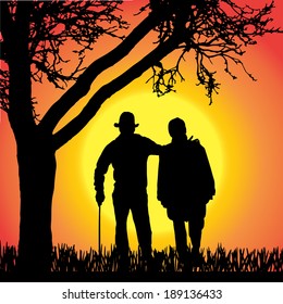 Vector silhouette of old people on a orange background. 