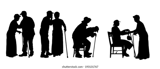 Vector silhouette of old people on a white background. 