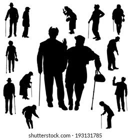 Vector silhouette of old people on white background.