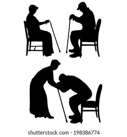 Vector silhouette of old people on white background.