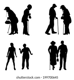 Vector Silhouette Of Old People On White Background.