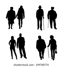 Vector silhouette of old people on white background.