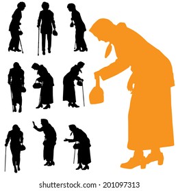 Vector silhouette of old people on white background.