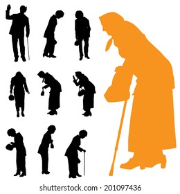 Vector silhouette of old people on white background.