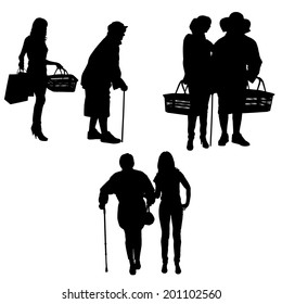 Vector silhouette of old people on white background.