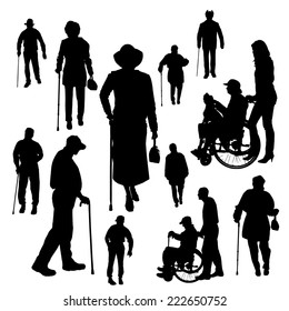 Vector silhouette of old people on white background.