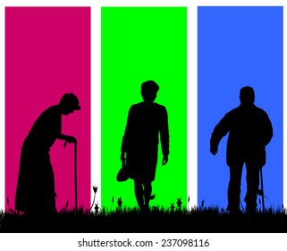 Vector silhouette of a old people on a colored background.