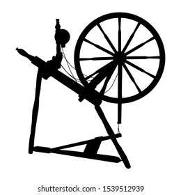 Vector Silhouette Old Vintage Spinning Wheel On A White Isolated Background