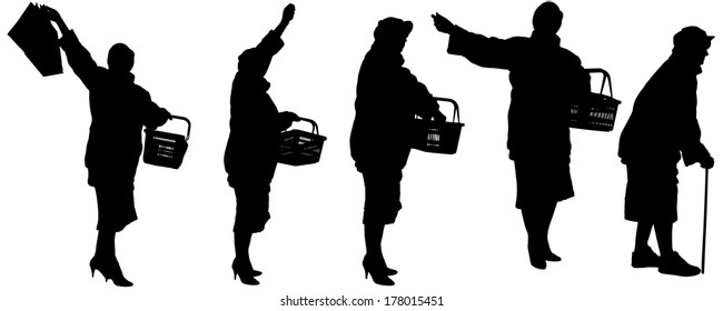 Vector silhouette of a old woman on a white background.