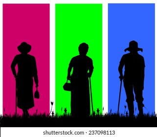 Vector silhouette of a old woman on a colored background.