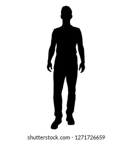 Vector silhouette of one man standing, black color isolated on white background