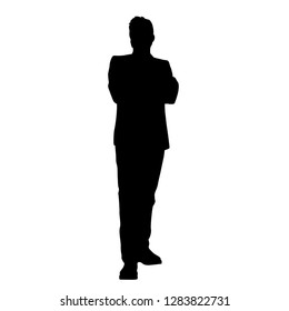 Vector silhouette of one man standing, business people, black color isolated on white background
