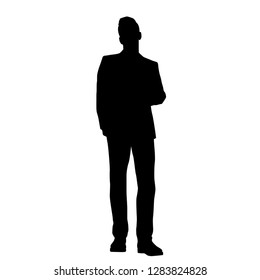 Vector silhouette of one man standing, business people, black color isolated on white background