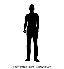 Vector silhouette of one man standing, business people, black color isolated on white background