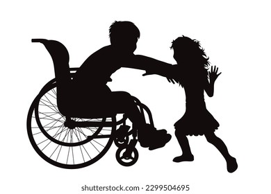 Vektorsilhouette eines Geschwisters, der auf einem Rollstuhl auf weißem Hintergrund sitzt. Symbol des Glücks und des Gesunden.